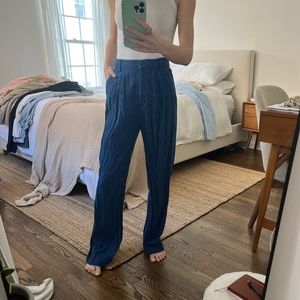 Linen-Blend Tailored Wide Leg Pant — Navy Blue